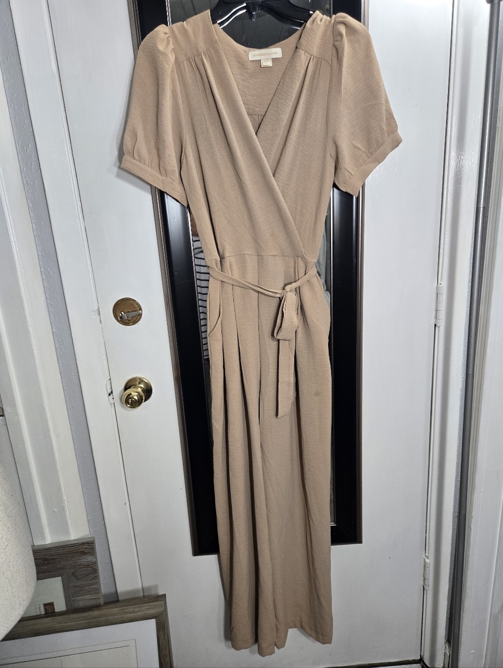 Monteau Los Angeles Tan Wide Leg Jumpsuit Cropped Sz Large